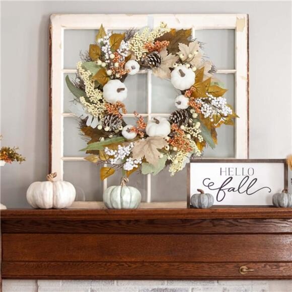 Fall Decor White Wreaths for Front Door - 18 Inch Autumn Maples Leaf Pumpkin - Picture 4 of 6